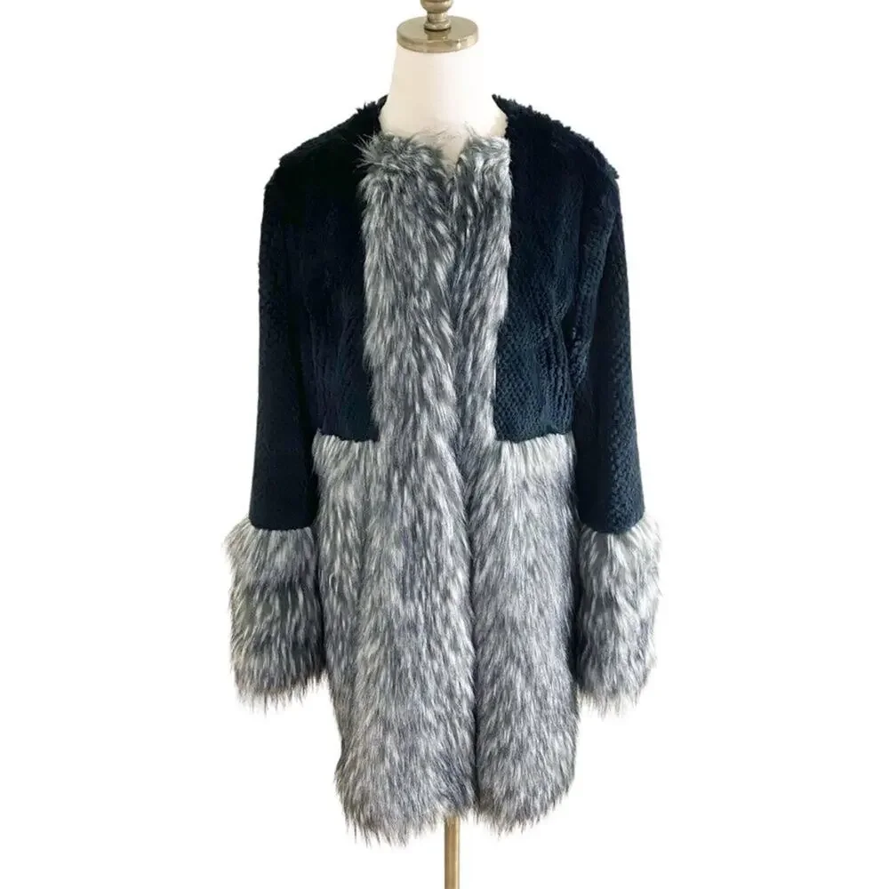 ABS Allen B Schwartz Silver Label Black & Gray Faux Fur Coat Women's Sz Large